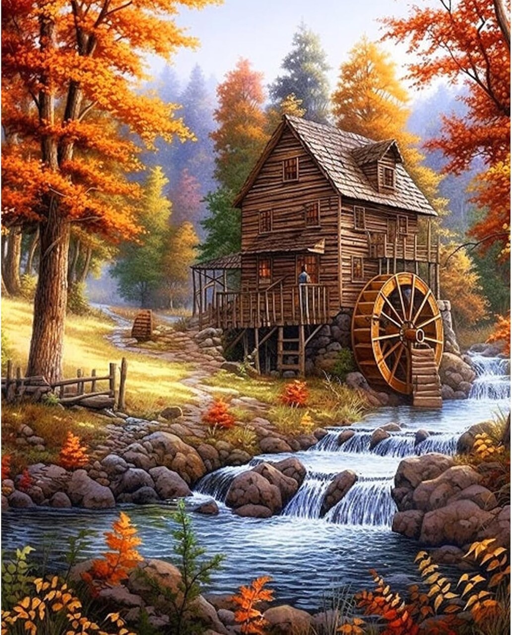 Paint by Numbers Kit for Adults – Fall Landscape Cabin in the Forest, Beginner-Friendly, 16” W x 20” L, DIY Acrylic Canvas Painting for Home Decor and Gifts (LO713)